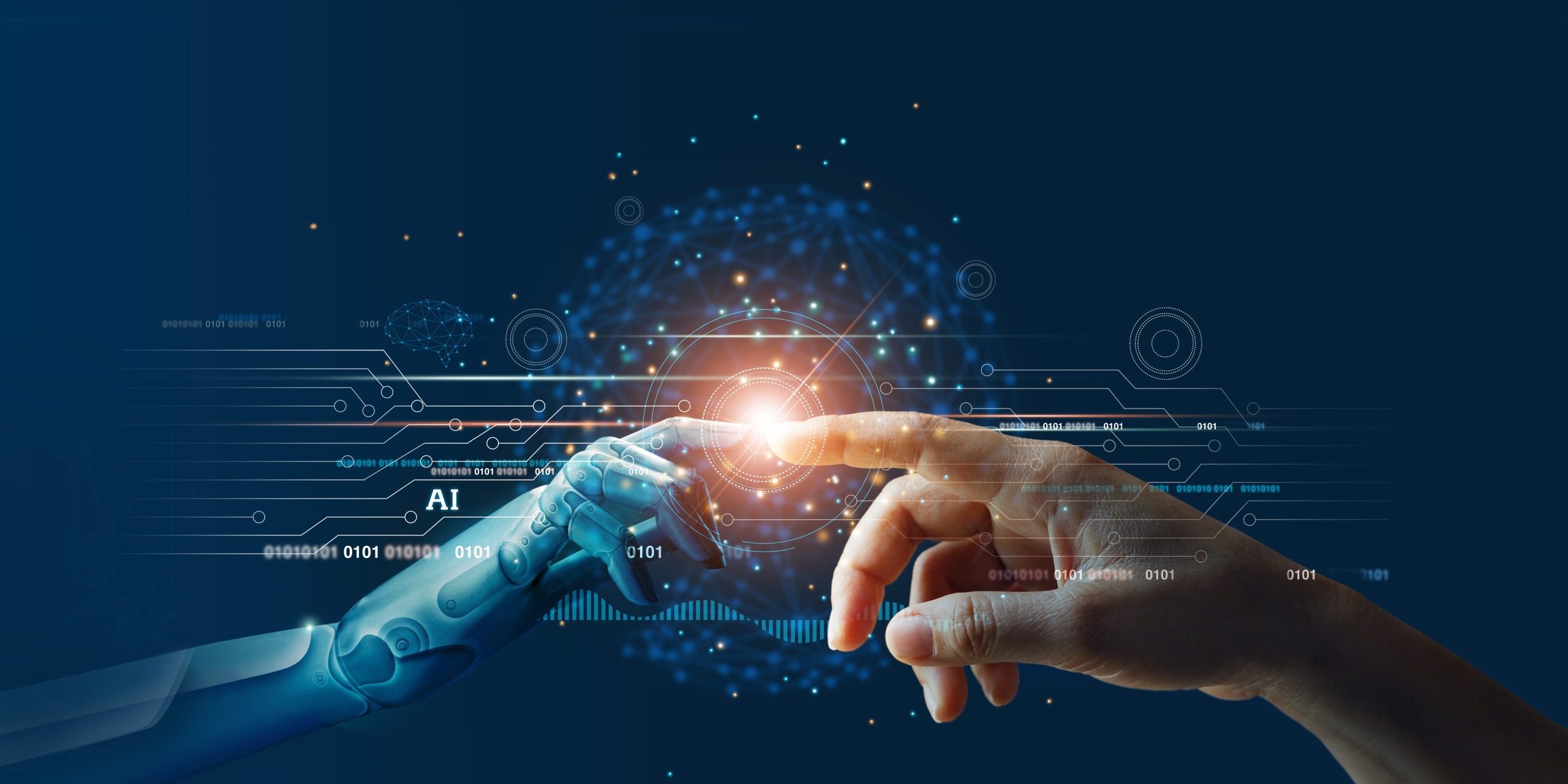 AI, Machine learning, Hands of robot and human touching on big d